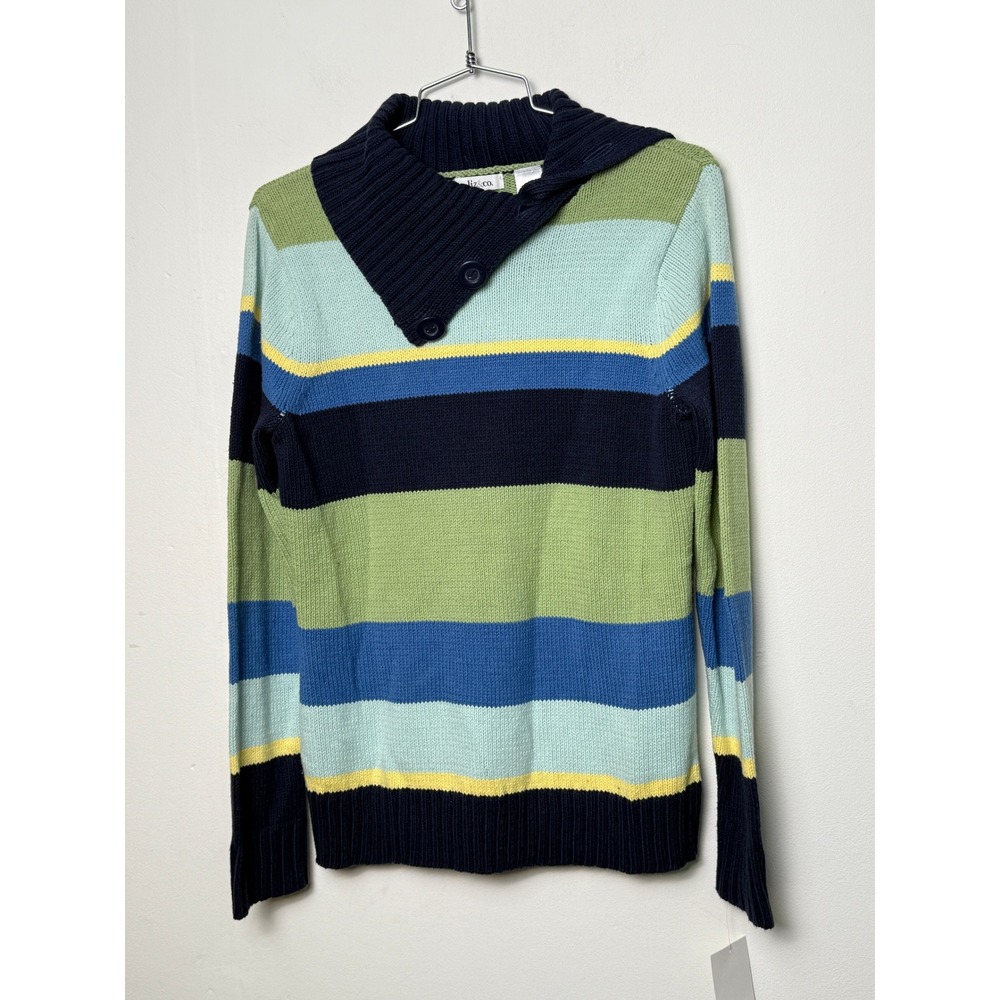 Liz & Co Womens Striped Shawl Collar Button Sweater Blue Green Yellow Medium NWT